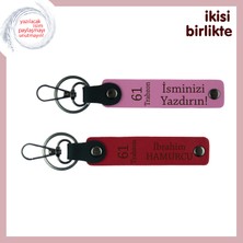 Kuzenle Geçmiş Anıları Simgeler, Deri Anahtarlık 2’li Set, Isiminize Özel Üretim, Pembe-Kırmızı
