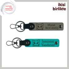Ilk Kedinizin Adıyla Özelleştirilebilen Sevimli Hediye, Patili Deri Anahtarlık Seti, Gri-K Turkuaz