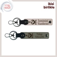 Evlilik Yıldönümü Anlamlı Hediye – Ayyıldız Kurt Göktürk Temalı Deri Anahtarlık Seti, Pudra-Kül Gri