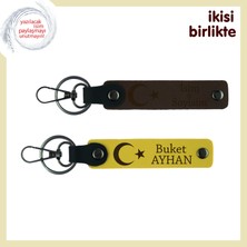 Sevgiliye Cumhuriyet Ruhu Taşıyan Hediye – Ay Yıldız Temalı Anahtarlık Seti, Koyu Kahve-Sarı