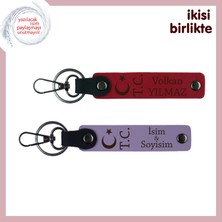 Kişiye Özel Yazılabilir Deri Anahtarlık X2, Ay Yıldız Tc Temalı Şık Hediye Seti, Kırmızı-Mor