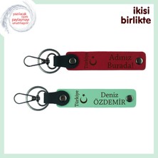 Üzerine Isim Yazılan Ayyıldız ve Türkiye Tasarımlı Kişisel Deri Anahtarlık Seti X2, Kırmızı-Yeşil