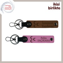 Anneye Kalpten Gelen Hediye, Üç Hilal, Kişiye Özel Isimli Anahtarlık Takım, Kahve-Pembe