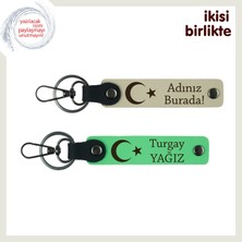 Birlikte Taşınacak Hatıra, Ay Yıldızlı Sevgiliye Özel Kişisel Anahtarlık Takımı, Sütlü Kahve-Yeşil