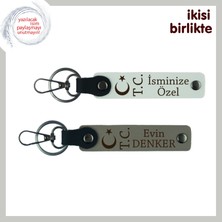 Ay Yıldız Tc Deri Anahtarlık Seti – Doğum Gününe Özel Isim Yazılabilen Hediyelik, Beyaz-Kül Gri
