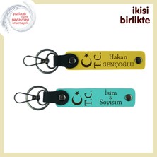 Aşkın ve Sadakatin Simgesi – Sevgiliye Ay Yıldız Tc Temalı Deri Anahtarlık Takımı, Sarı-Turkuaz