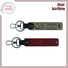 Arkadaşına Çok Özel Hediye, Ay Yıldız Tc Temalı Isim Yazılabilen 2' Li Anahtarlık Set, Kül Gri-Bordo