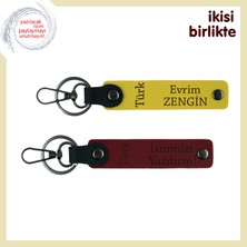 Eşine Verilebilecek En Anlamlı Yıldönümü Armağanı Türk Yazısı Temalı– Deri Anahtarlık X2, Sarı-Bordo