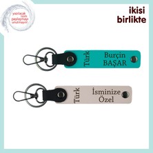 Yeni Evli Gençlere Hediye – Türk Yazısı Desenli Anahtarlık Takımı, Koyu Turkuaz-Pudra