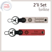 Tarzıyla Dikkat Çeken Eşe, Gemi Figürlü Deri Anahtarlık Takımı, Kişiselleştirilebilir, Pudra-Nar