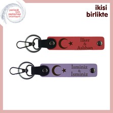 Eşe Özel Anlamlı Armağan – Ay Yıldız Temalı Kişisel Deri Anahtarlık Seti 2'li, Nar Çiçeği-Mor