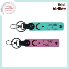 Romantik Ruhlara Vatan Temalı Şıklık – Ay Yıldız Desenli Anahtarlık Hediyesi, Turkuaz-Pembe