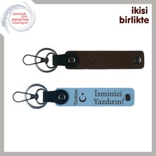 Doğum Gününde Anlamlı Hediye – Ayyıldız ve Türkiye 2’li Deri Anahtarlık Seti, Koyu Kahve-Gök Mavi