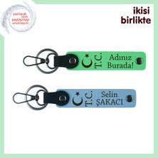 Sevgiline Kalıcı Anı – Ay Yıldız Tc Temalı, Isimli 2’li Deri Anahtarlık Takımı, Fıstık Yeşil-Mavi