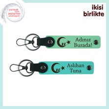 Evlilik Yıldönümüne Özel Çocuk ve Ayyıldız Tema Isim Yazılı 2’li Anahtarlık, Açık Yeşil-Turkuaz