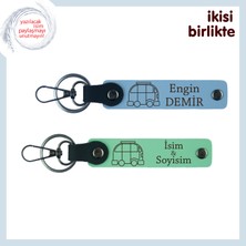 Karavanla Hayatın Her Anına, Kişisel Isim Yazılabilir Deri Anahtarlık X2’li, Gök Mavi-Açık Yeşil