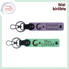 Çocuk ve Ayyıldız Deri Anahtarlık Seti X2 – Isim Eklenebilen Hatıra Hediye, Mor Menekşe-Yeşil