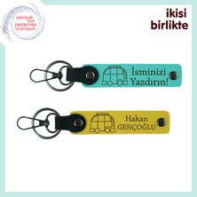 Gezgin Hayat Tarzına Uyumlu, Karavan Desenli Deri Anahtarlık Takımı, Isim Yazılabilir, Turkuaz-Sarı