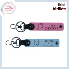 Çocuğuna Ilk Nota Hediyesi, Yazılabilir Deri Anahtarlık Seti, Isimleri Yazdır, Pembe-Gök Mavi