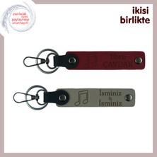 Nota Temalı Mezuniyet Armağanı, Kişiye Özel Deri Anahtarlık Seti, Isimleri Yazdır, Bordo-Kül Gri