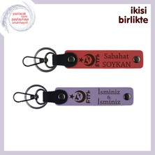 Eşe  Anlamlı Hediye – Ayyıldız Kurt Göktürk Temalı Kişisel Deri Anahtarlık Seti 2'li, Nar Çiçeği-Mor