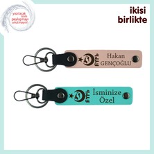 Kurumsal Şık Hediyelik, Ayyıldız Kurt Göktürk Kişiye Özel Deri Anahtarlık Set, Yavru Ağzı-Turkuaz