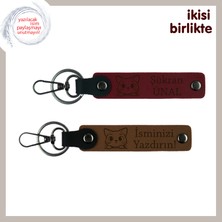 Kedinin Ismini Üzerinde Taşıyan Hatıra, Kedi Ismi Yazılabilir Anahtarlık Takımı, Bordo-Açık Kahve