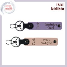 Vatan Sevgisi Için  Türk Yazısı Anahtarlık – Kişisel Hediyelik Deri Set X2, Mor-Yavru Ağzı