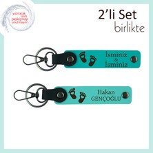 Bebeğinizin Ismini Taşıyan Anlamlı Hediyelik, Kalpli Ayak Motifli Anahtarlık Seti, K Turkuaz-Turkuaz