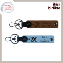 Şirket Çalışanlarına Ayyıldız Kurt Göktürk Hediye – Isme Özel 2’li Anahtarlık Takım, Açık Kahve-Mavi