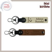 Motifli Romantik Hediye – Sevgiline Ayyıldız ve Türkiye Deri Anahtarlık Takımı, Sütlü Kahve-Kahve