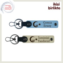 Sevgiliye Şık  Çocuk ve Ayyıldız Armağan, Kişisel Isim Yazılı Anahtarlık Takım, Gök Mavi-S Kahve