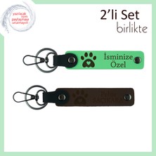 Evcil Hayvanı Olan Sevgiliye Hediyelik, Kalpli Pati Desenli Anahtarlık Seti, Fıstık Yeşil-Koyu Kahve