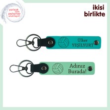 2’li Set, Kişiye Özel Isim Yazılabilir Voleybol Desenli Deri Anahtarlık, Koyu Turkuaz-Açık Yeşil