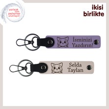 Kedi Aşkıyla Yaşayan Sevgiliye, Kişiselleştirilebilir Anahtarlık Takımı, Mor Menekşe-Pudra