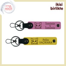 Sokaktan Gelen Sadakati Taşıyan Hatıra, Kedi Motifli Isim Yazılı Anahtarlık Seti, Pembe-Sarı