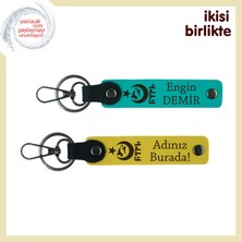 Ayyıldız Kurt Göktürk Desenli Hediyelik ve Kişiye Özel  2' Li Anahtarlık Seti, Koyu Turkuaz-Sarı