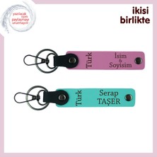 Kalpten Kalbe Giden Hediye – Sevgiliye Türk Yazısı Deri Anahtarlık 2'li Set, Pembe-Turkuaz