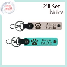 Yeni Doğmuş Yavru Kedinizin Ismiyle Kişiselleştirilebilen Kalpli Pati Anahtarlık Set, Pudra-Turkuaz