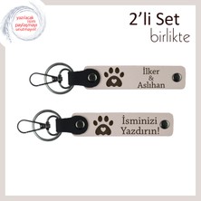 Kedi Isimli Yazılabilir Kalpli Pati Anahtarlık, Sevgiliye Özel Hediyelik Set, Pudra-Pudra