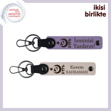 Milli Temalı Isme Özel Deri Anahtarlık Seti – Ayyıldız Kurt Göktürk Motifli  Armağan, Mor - Pudra