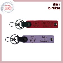 Kişiye Özel Yazılabilir Deri Anahtarlık X2, Üç Ayyıldız Temalı Şık Hediye Seti, Kırmızı-Mor