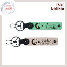 Öğretmene Teşekkür Hediyesi, Çocuk ve Ayyıldız Desenli Isimli 2’li Anahtarlık, Açık Yeşil-Pudra