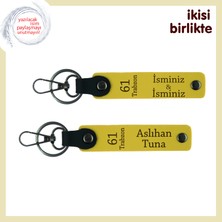 Trabzon Temalı 61 Yazılı Deri Anahtarlık 2'li Set, Isminiz Yazılı Özel Set, Sarı-Sarı