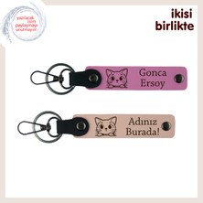 Patili Sevgiliye Tatlı Bir Jest, Kedili Deri Anahtarlık Takımı, Isim Yazılabilir, Pembe-Yavru Ağzı