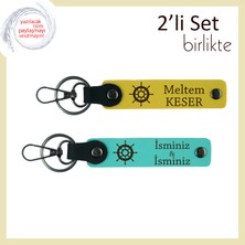 Eşe Anlamlı ve Kullanışlı Armağan, Gemi Figürlü Deri Anahtarlık Takımı, Sarı-Turkuaz