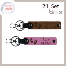Doğum Anısını Taşıyan Sevimli Tasarım, Kalpli Bebek Ayağı Motifli Kişisel Deri Set, Açık Kahve-Pembe