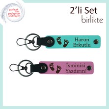 Erkek Bebekler Için Şık Seçenek, Kalpli Ayak Motifli Anahtarlık, Isim Yazılabilir, Turkuaz-Pembe