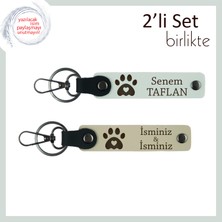 Köpek Isimli Özel Deri Anahtarlık, Pati ve Kalp Detaylı 2’li Set, Beyaz-Sütlü Kahve