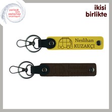 Doğayla Iç Içe Ruhlara Özel, Karavan Motifli Hediyelik Deri Anahtarlık, Isim Yazılı, Sarı-Koyu Kahve